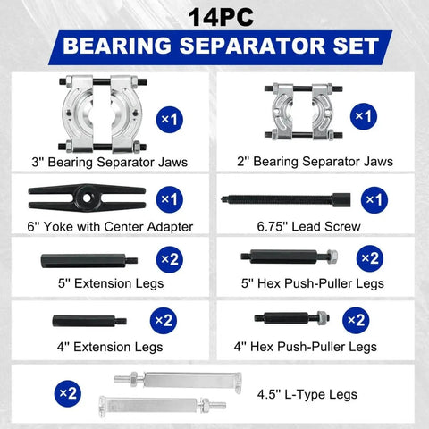 Components of 5 Ton Bearing Puller Set With 2 Inch And 3 Inch Jaws Beefy Heavy Duty Bearing Separator And Wheel Hub Axle Puller Kit