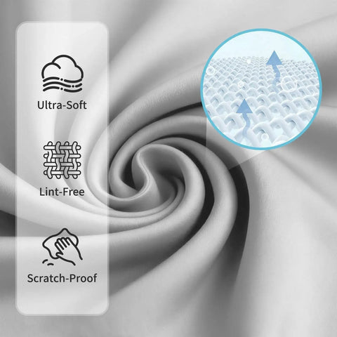 Close-up of Ultra Soft Microfiber Cleaning Cloths For Glasses And Screens Six Pack Premium showing texture and benefits icons.
