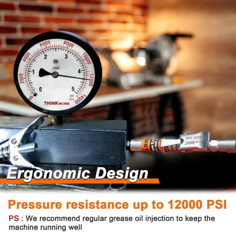 Pressure gauge showing 12000 PSI on a Powerful 0.53 Inch 90 Degree Grease Gun Coupler Set With Quick Release And 12 Inch Flex Hose.