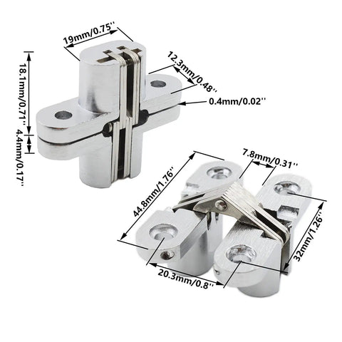 Diagram showing dimensions of 2 Pack Invisible Hinge For Cabinets And Doors, Hidden Concealed Hinge With 180 Degree Swing