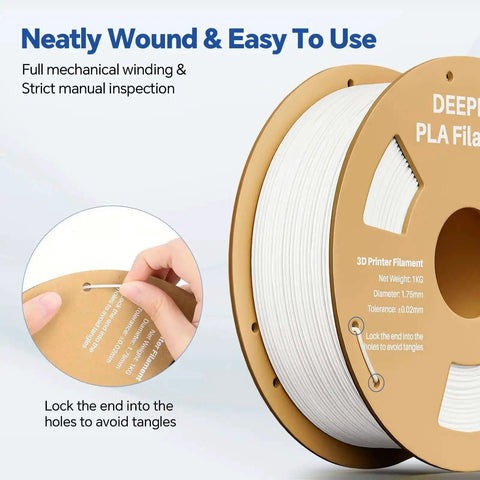 Close-up view of deep-wound white PLA filament spool with lock feature, marked 1.75mm diameter with ±0.02mm tolerance.