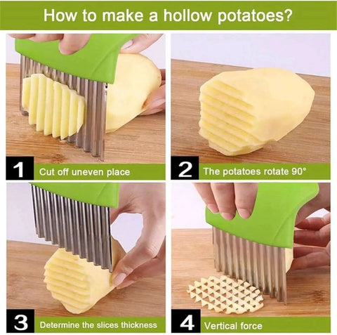 Demonstration of using the Yellow Stainless Crinkle Cutter for wavy potato slices with a green ergonomic handle.