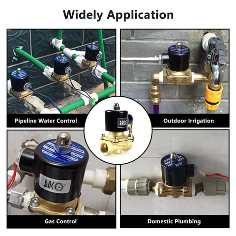 3/8 Inch Brass Electric Solenoid Valve, 12V DC Normally Closed, NPT Thread, displays applications in water, gas, and plumbing setups