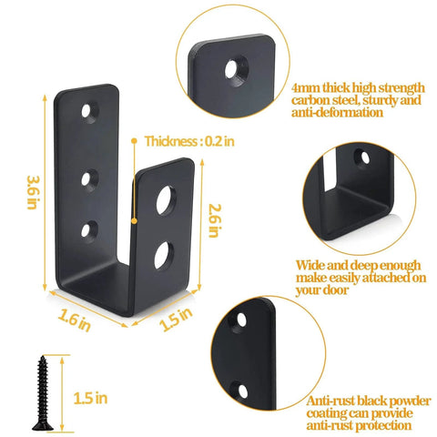 Two Pack 2x4 Door Barricade Brackets dimensions, heavy duty carbon steel with anti rust black powder coat, hardware included