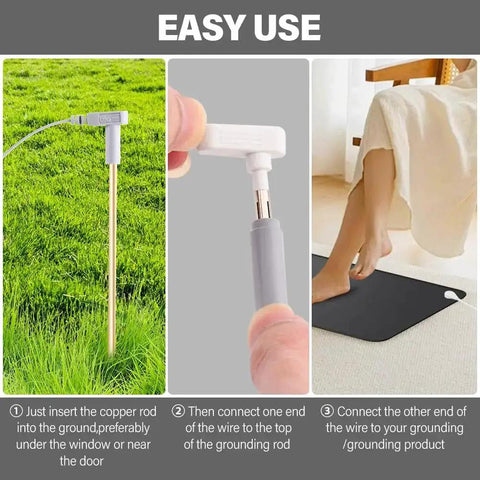 Copper Grounding Rod Kit With 39 Feet White Ground Wire And Blue Anti Static Wristband showing easy steps for installation.
