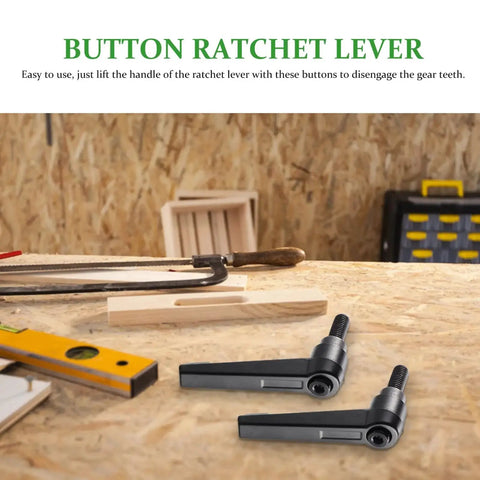 Two Three Piece Zinc Alloy Clamping Lever Thumb Ratchets displayed on a workshop table for Trailer Jack Handle Ratcheting Wrench.