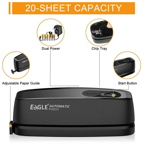 Black Electric 3 Hole Paper Punch Desktop No Sweat No Fuss 20 Sheet Capacity AC or Battery Operated with adjustable guide and chip tray.