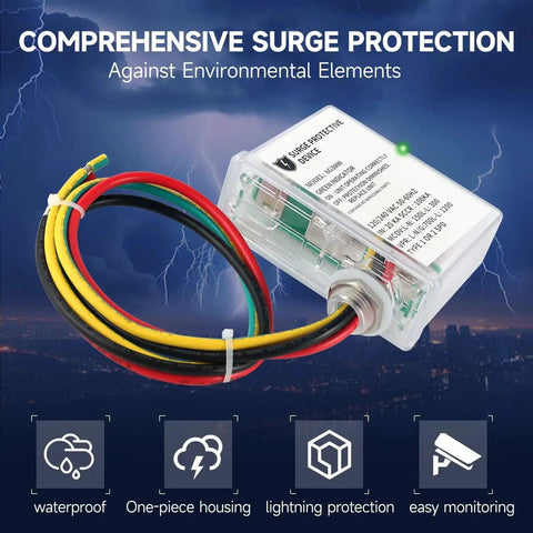 Beefed Up 120 240 VAC HVAC Surge Protector With TPMOV Tech In Watertight Enclosure with wiring for outdoor use against lightning