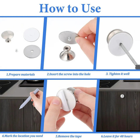 How to use guide for Four Pack Stick On Self Adhesive Cabinet Knobs Silver Stainless Steel Drawer Pulls, step-by-step installation process.