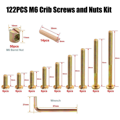 All In One Crib Screws And Nuts Kit For Beds Chairs And Furniture With Barrel Nuts And Wooden Dowel Pins Wrench Included 54 Pieces