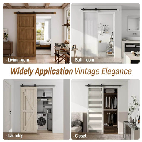 Heavy Duty 9Ft Sliding Barn Door Hardware Kit For 54 Inch Wide Single Door Panel Black T Shaped Track System With Quiet Smooth Nylon Wheels And Spring Damping Easy To Install Built To Last Supports Up To 330 LB shown installed in various room settings, including living room, bathroom, laundry, and closet, demonstrating versatility for different spaces.