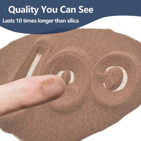 Garnet Sand Blasting Media 100 Grit For Blasting And Waterjet Cutting 55 Lbs Pro Grade Abrasive Garnet Sand in pile with finger touch