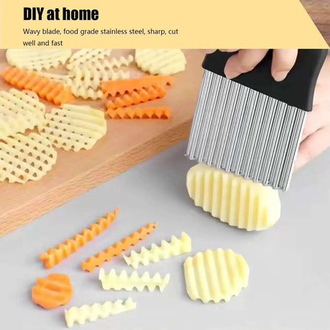 Crinkle Cutter Set Stainless Steel Wavy Slicer For Potatoes And Veggies Includes Cleaning Brush Fry Cutter For Crispy Fries And Fresh Salads Durable 3 Piece Kitchen Gadget For Easy Garnishing And Quick Meal Prep in use on potatoes and carrots.