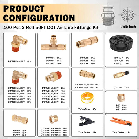 Durable DOT Air Line Kit With Brass Push Lock Fittings And Tubing One Hundred Pieces Pack layout with parts and tools visible