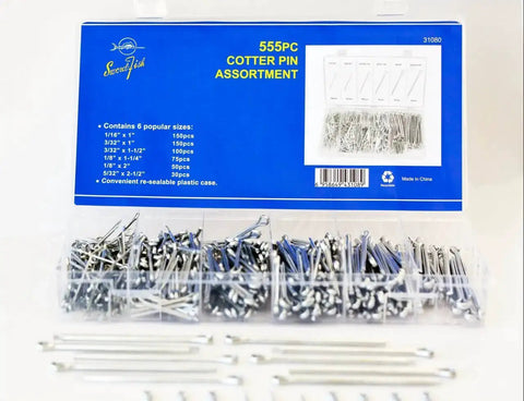 555 Piece Cotter Pin Assortment In Spring Steel With Zinc Plating Includes One Sixteenth Inch By One Inch Pins And Three Thirty Second Inch By One Inch Pins Plus Other Sizes Comes In A Handy PP Storage Case With Size Chart For Quick Identification displayed with packaging and case open showing pins.