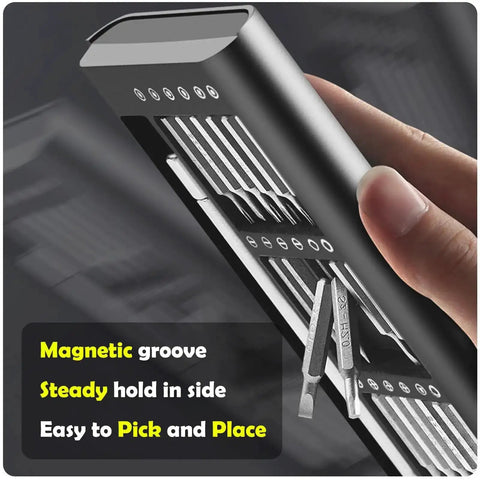 Close-up of Dope 27 In 1 Magnetic Mini Screwdriver Set with S2 steel bits and aluminum handle in hand, showing magnetic groove.