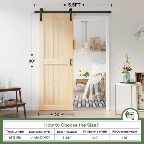 32x80 Inch Sliding Barn Door Slab With 5.5 Foot Hardware Kit Spruce Solid Wood Construction Easy DIY Assembly Rustic Barn Style Entry Door For Interior Rooms installed in a bedroom.