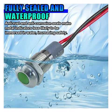 12V/24V Waterproof LED Indicator Light With 8mm Mount Metal Shell, Green Light immersible in water with wire connection