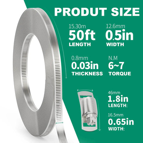 50ft 304 Stainless Steel Hose Clamp Kit For DIY Projects showing 50ft length, 0.5in width, product dimensions and tension details.