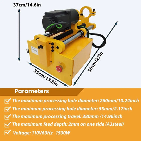 Portable 110V Line Boring Machine With 4.92 Ft Drilling Bar And Control Handle For Excavators And Loaders Bore Diameter From 2.16 To 10.23 Inches Precise Hole Drilling And Alignment Heavy Duty Boring Equipment shown with dimensions.