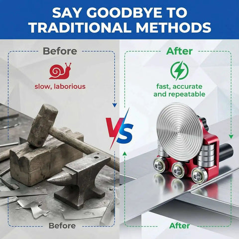 Comparison of traditional hammer metal bending with Single Station Sheet Metal Bender Tool for fast, precise roof edges.