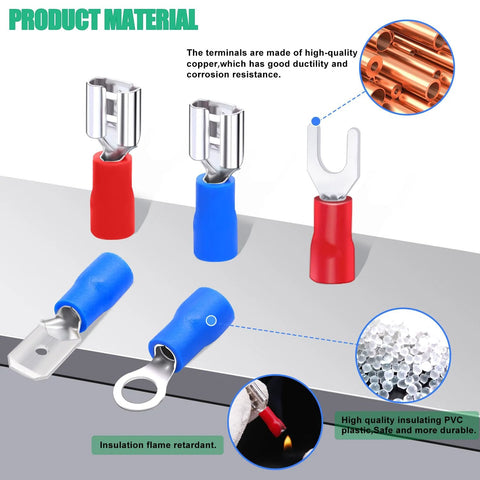 Spade crimp connectors kit with 2.8/4.8/6.3mm male and female terminals; insulated blue/red sleeves; fork and ring