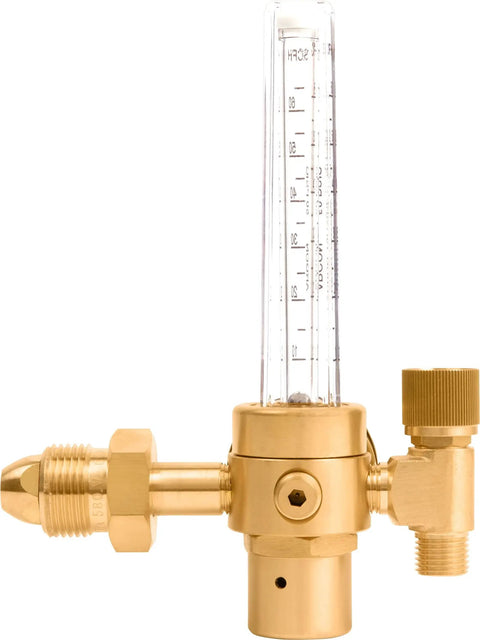 Pro Grade Argon Regulator And Flow Meter For MIG And TIG Welding With 0-70 CFH CGA580, durable brass construction, close-up view.