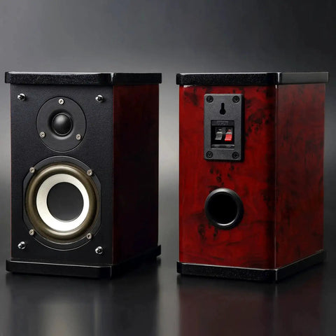 Front and rear view of wooden speakers with 2 Way Spring Terminal Clip Push Release Connector Plate Jack Socket for speakers.