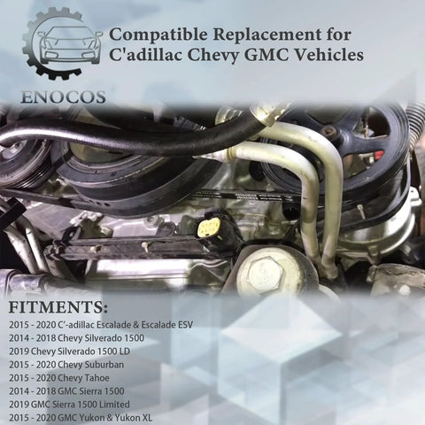Enocos vacuum pump replacement for 2014–2020 Cadillac/Chevy/GMC; engine bay with belts and hoses.