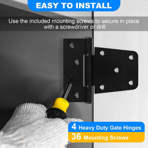 Installation of Heavy Duty Gate Hinges 3.5 Inch 6 Pack Extra Thick Industrial T Barn Door Hinges on gate with black iron finish.
