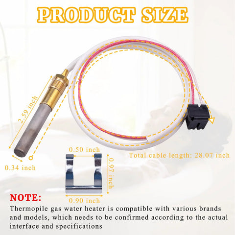 750mV thermopile sensor assembly for gas water heaters; brass probe, white cable, black connector (Amazon brand)