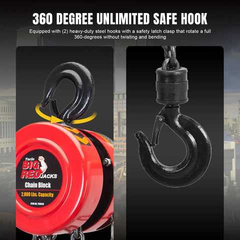 360-degree safe hook on 1 Ton Hand Chain Hoist With Mechanical Load Brake, 8 Ft Lift, Dual Heavy Duty Hooks, 2,000 Lb Capacity.
