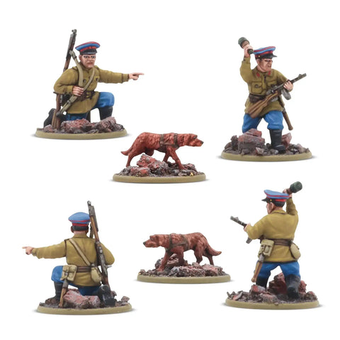 Soviet Army Infantry Platoon 28mm scale plastic miniatures in action poses with rifles and command options for WWII battle games.