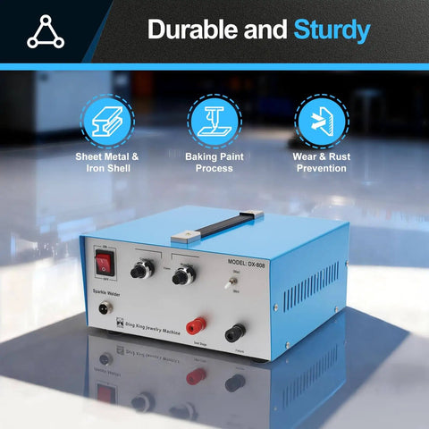 Pro Grade 110V Portable Spot Welder Kit With Pedal Switch, blue durable housing, welding machine displayed on shiny surface