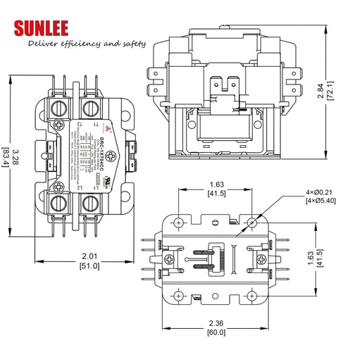 Technical diagram of One Pole Beefed Up 40 Amp 120V Coil Contactor UL Recognized and A2L Compliant for HVAC systems.