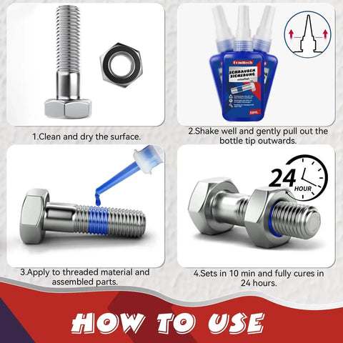 Instruction guide showing steps to use Blue And Red Thread Locker Two Pack For Nuts Bolts And Fasteners Medium And High Strength Prevents Loosening And Leakage On Metal Surfaces 100ml Each Sealing Solution For Vibration Prone Machinery And Equipment For DIY Projects