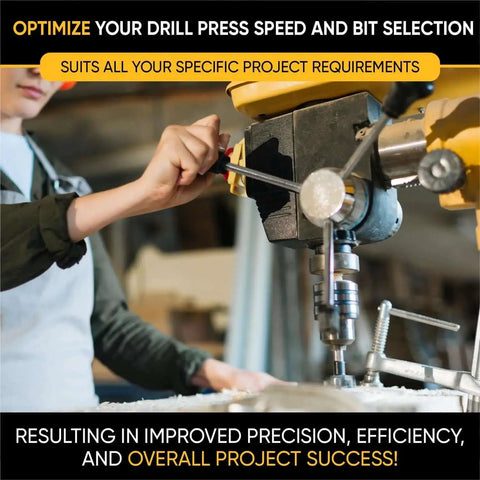 Person adjusting a drill press in workshop with Magnetic Drill Press Chart Sign For The Workshop With RPM Guide And All-In-One Tips USA Made For Wood And Metalworking Wall Mount 8.5 X 10.5 Inches Includes 14 Drill Bit Types And Quick Reference RPM Chart Must-Have Workshop Accessory in view.