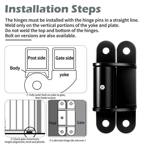 Installation steps guide for 2 Pack 7 Inch Heavy Duty Gate Hinges With 1100 Lbs Maximum Load 180 Degree Swing Lubricable Ball Bearing Design