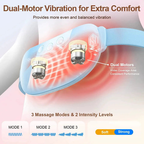Image of Cordless Portable Heating Pad For Period Cramps On The Go, highlighting dual motors, massage modes, and intensity levels.