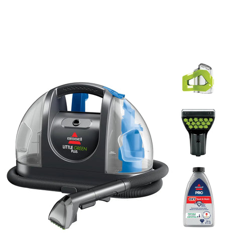 Portable Deep Carpet Cleaner For Home And Auto Use With 48oz Tank Stain Brush Self Cleaning Hydro Rinse Compact Design For Upholstery And Carpets Powerful Spray For Tough Spots BISSELL with attachments and cleaning solution.
