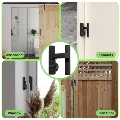 Heavy Duty Barn Door Lock With 3 Digit Password, All In One Security Latch For Shed, Sliding Doors, Bifold And French Doors, Cabinets And Bathroom, Black Zinc Alloy Build For Built Tough Gate Security shown on various doors.