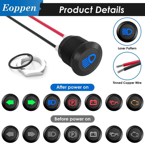 Seven Pack Half Inch 12V LED Indicator Lights Waterproof Metal Dash Signal Lights With 300mm Wires For 12V And 24V Vehicles details