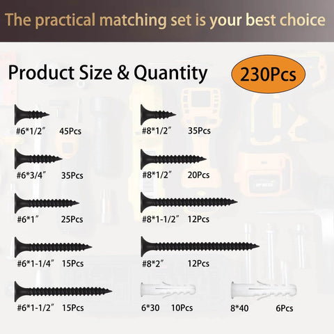230 Piece Heavy Duty High Hardness Wood Screws Assortment Kit With Size Six And Size Eight Phillips Flat Head For Wood Drywall MDF And Furniture DIY Includes Sixteen Anchors And Nine Lengths From Half Inch To Two Inches Black displayed with quantity information