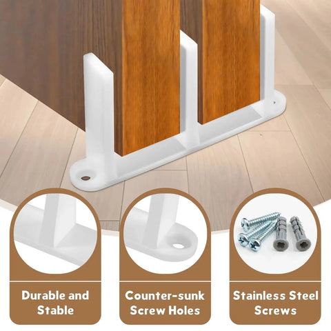 4 Pack White Sliding Closet Door Floor Guide for Pocket Door Bottom Bracket and Sliding Door Hardware in use on wooden doors with screws visible
