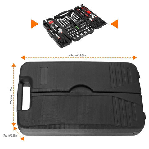 95 Piece Diy Tool Set With Portable Plastic Toolbox And Adjustable Wrench Pliers Socket Bits, closed black case dimensions shown