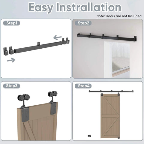 Installation steps for Heavy Duty 16 Foot Barn Door Hardware Kit Sliding Track System For Two Doors Wall Mount Black No Doors Included Built To Last Supports Up To 450 Lbs Fits Doors One And Three Eighths To One And Three Quarters Inches Thick Galvanized Steel.