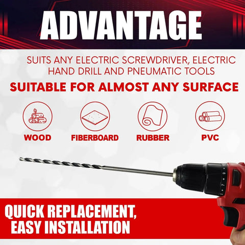 Extra Long Brad Point Drill Bit Set For Wood Seven Piece 12 Inch Carbon Steel Bits installed in electric drill