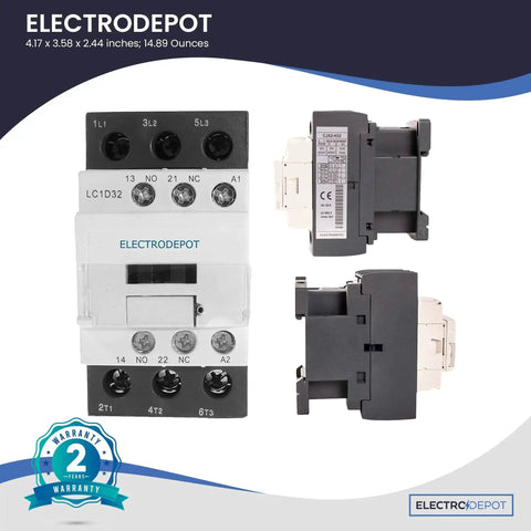 Front and side view of Heavy Duty Three Pole 30A Contactor With 110 To 120V Coil For Motors And Lighting, handles 32A motor load and 40A lighting, 600V IEC DIN Rail Mount, includes 1NO and 1NC auxiliary contact, shown with dimensions and warranty badge.