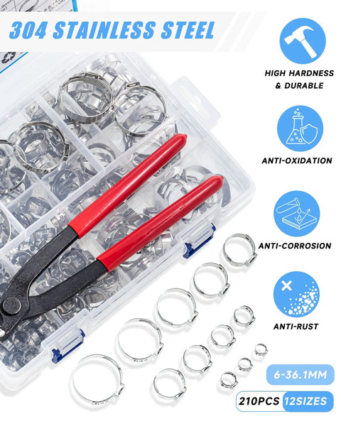 Hose clamp kit: PEROMI 210-piece 304 stainless steel single-ear clamps with pliers, 12 sizes 6–36.1mm