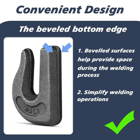 Close-up of 3/8 G70 forged chain grab hook with beveled edge for convenient welding. Eight Pack Weld On Chain Grab Hooks 3/8 G70 Forged Heavy Duty 6600 Lb WLL.
